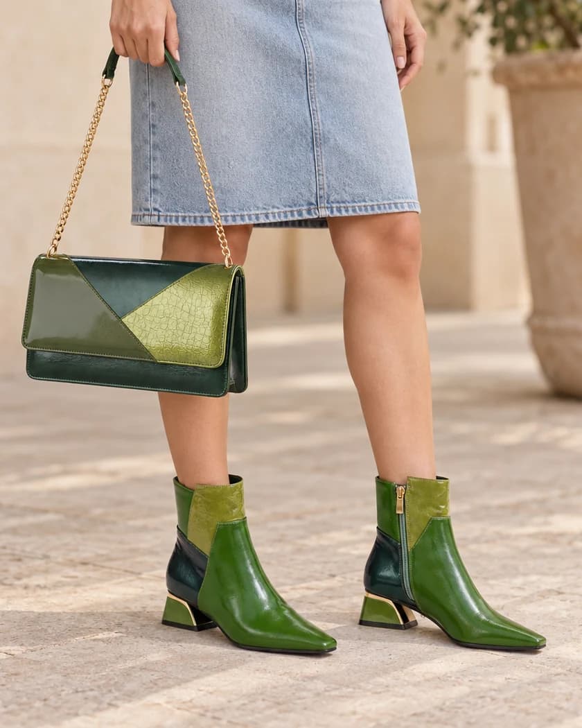 Rudy green ankle boots styled with a matching bag