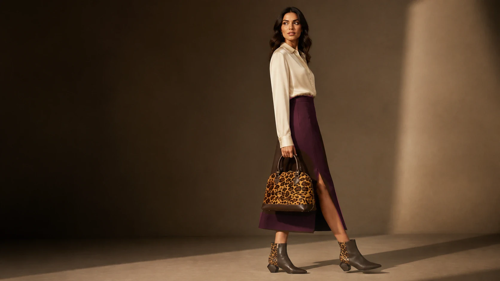 Model wearing OLIVIA Brown ankle boots and carrying the matching OLIVIA Brown bag in a warm studio campaign